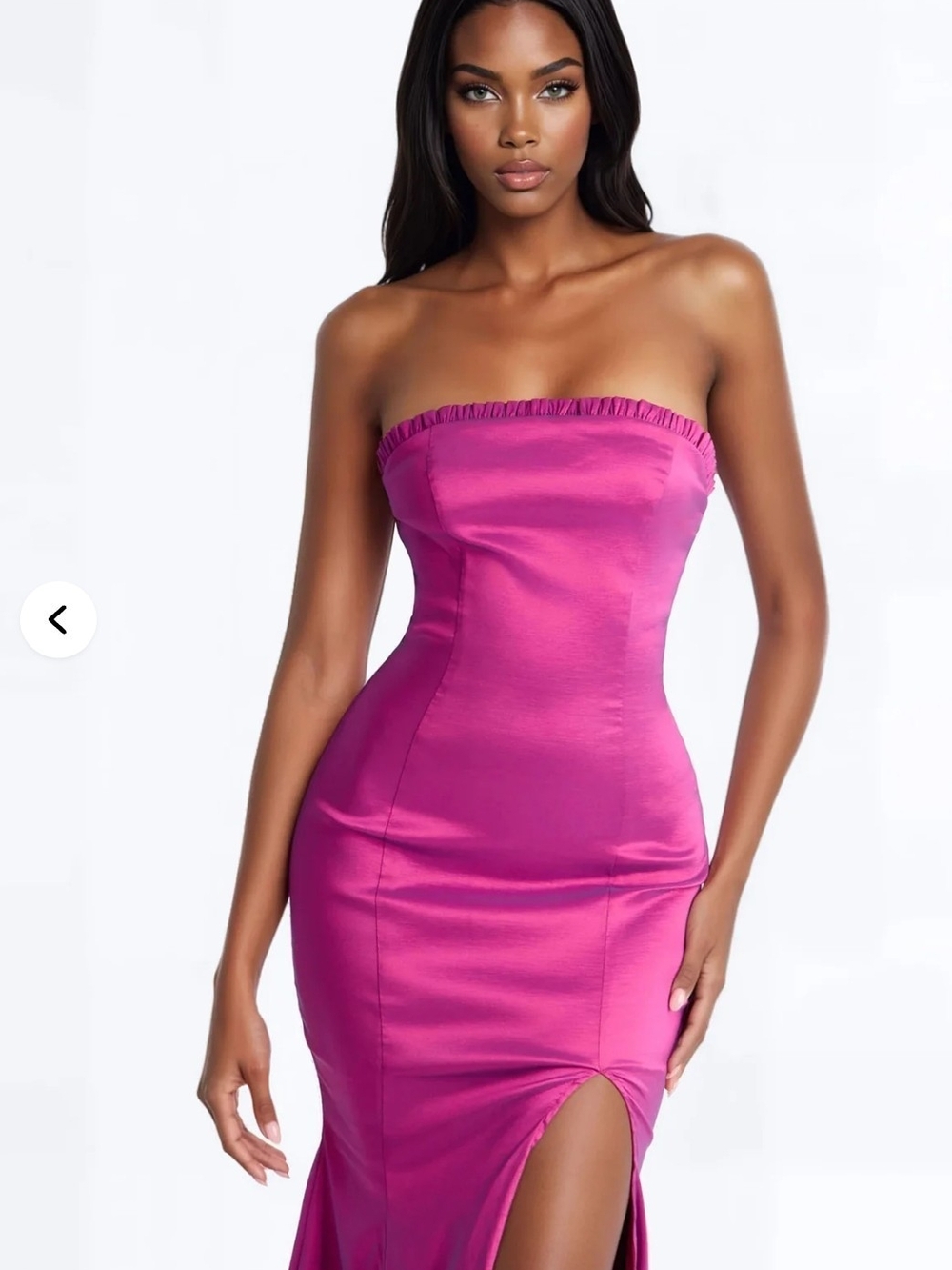 Fashion Nova Strapless Fuchsia Satin Maxi Dress with Thigh Slit